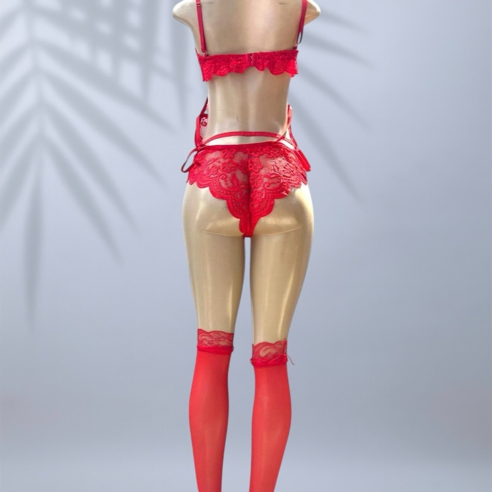 Red Lace Cutout Lingerie Set – Heart Detail Corset Style ✧ M - Picture 5 of 5